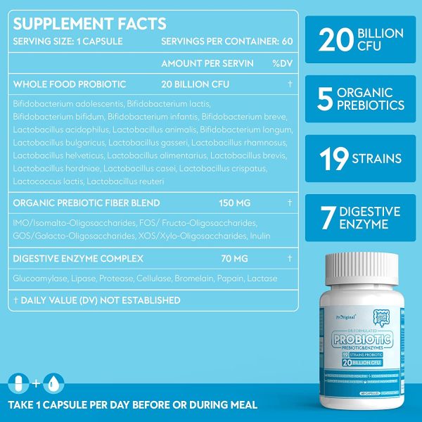 Probiotics Prebiotics for Women Men: Raw Probiotics Supplement Organic Prebiotics Digestive Enzymes 20 Billion Capsule Vegan Probiotics for Digestive Immune Health | 60 Capsules - Image 3
